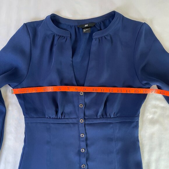 H&M Size 6 Fit & Flare Mini Dress Navy Button Down V Neck Long Sleeves - Picture 5 of 12